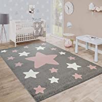 Paco Home Alfombra Habitación Infantil Estrellas Grandes Y Pequeñas En Gris Y Rosa- tamaño:80x150 cm